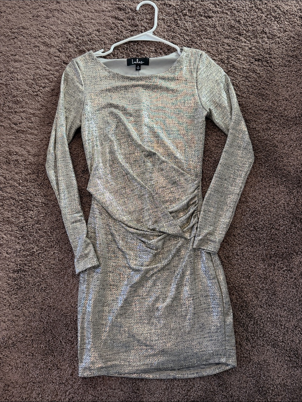 Lulu's Metallic Gold Ruched Long-Sleeve Dress - Picture 3 of 3